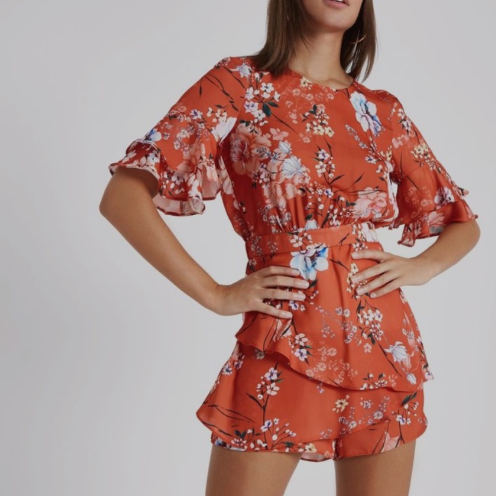 Orange floral Frill sleeve playsuit